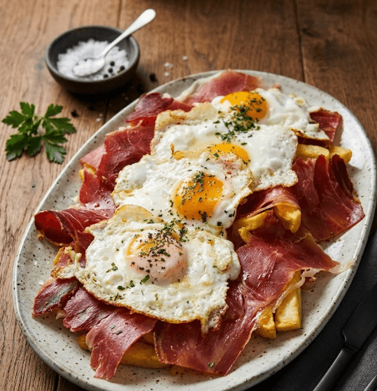 Huevos rotos con jamón